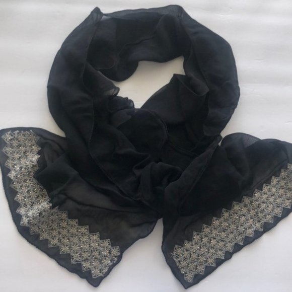Scarf Black Sheer Wrap Beaded Ends New - Picture 1 of 7